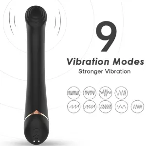Schwarzer Vibrator mit 9 Vibrationsmodi, stärkere Vibration, grafische Darstellung der Modi.