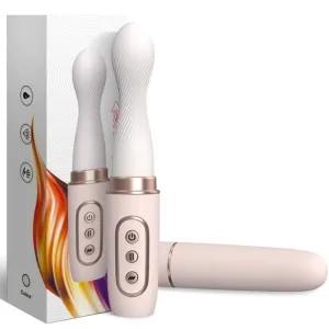 Weißer Vibrator mit strukturiertem Kopf und Bedienelementen, neben Verpackung mit Flammenmotiv.