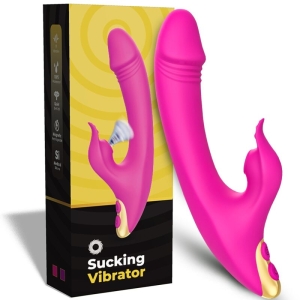 Pinkfarbener Vibrator mit Saugfunktion neben Verpackung, gelb-schwarzes Design, medizinisches Silikon, wiederaufladbar.