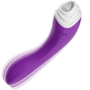 Lila Vibrator mit weißem Kopf und geschwungenem Design, seitliche Knöpfe sichtbar.