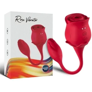 Roter Rosen-Vibrator mit Verpackung, geschwungenes Design, aus Silikon, mit Bedienelementen und Ladeanschluss.