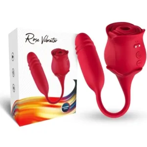 Roter Rosen-Vibrator mit Verpackung, zeigt ein blumenförmiges Design und Bedienelemente an der Seite.