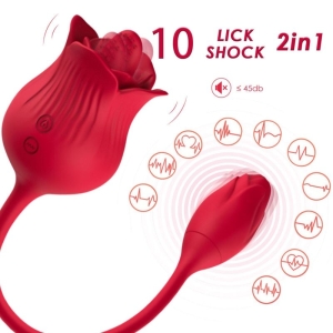 Rotes, rosenförmiges Massagegerät mit 10 Modi, leise Funktion, 2-in-1 Design, umgeben von Herz- und Wellen-Symbolen.