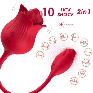 Red, rose-shaped massager with 10 modes, quiet function, 2-in-1 design, surrounded by heart and wave symbols.