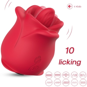 Red, rose-shaped massager with 10 vibration modes, quiet at under 45 dB.