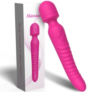 Pink massage device with ribbed handle and controls, next to matching packaging.