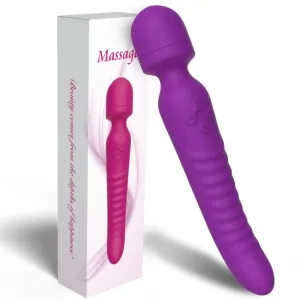 Lila Massagegerät mit gerippter Oberfläche, neben passender Verpackung mit Produktabbildung.