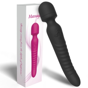 A black massage wand is shown next to packaging containing a pink wand.