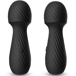 Two black, ribbed massage devices with buttons, standing side by side.