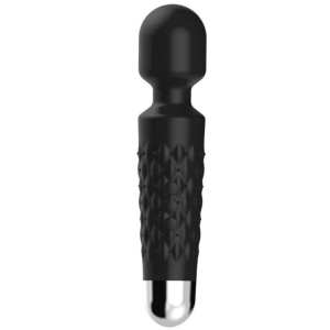 Black massager with textured handle and rounded tip, on a white background.