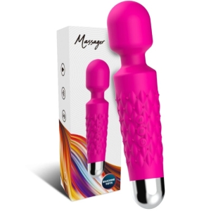 Pink massage wand with textured surface and silver end, pictured next to the packaging.