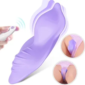 Purple vibrator with remote control, worn in underwear, close-up and application shown.