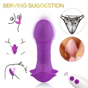Lila Vibrator mit Fernbedienung, Anwendungsbeispiele und schwarzer Spitzenunterwäsche.