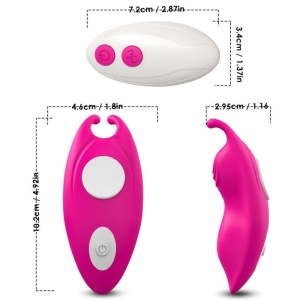 Pink and white vibrator with remote control, dimensions: 10.2x4.6x2.95 cm, remote control: 7.2x3.4 cm.