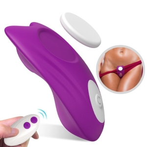 Purple vibrator with remote control, close-up of a woman in underwear wearing the device.