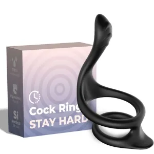 Black cock ring made of medical-grade silicone in front of packaging labeled 