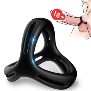 Schwarzer Penisring mit 18+ Hinweis, Illustration zeigt Anwendung am Körper.