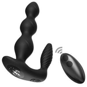 Black, wavy massager with remote control, suitable for intimate applications.