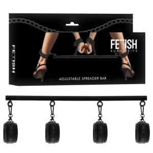 Verpackung eines verstellbaren Spreizstabs mit Hand- und Fußfesseln, abgebildet mit High Heels.