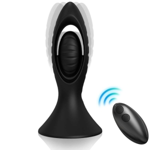 Black, remote-controlled massage device with vibration effect, next to it a black remote control with two buttons.