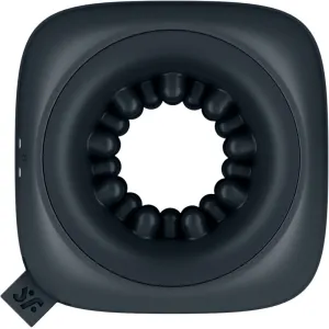 Black, square device with a round, ribbed interior and a small label on the side.
