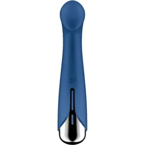 Blue, ergonomically shaped massage wand with a silver end and controls on the front.