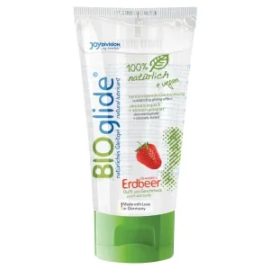 Tube von BIOglide Erdbeer Gleitgel, 100% natürlich und vegan, mit grünem Deckel und Erdbeerabbildung.