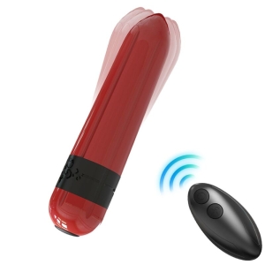 Rotes, längliches Gerät mit schwarzem Band und Fernbedienung, die ein Funksignal sendet.
