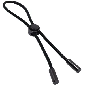Black elastic cord stopper with two ends and a central slider.