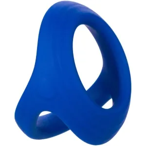 Blauer Silikonring mit dreieckiger Form und zwei Öffnungen, auf weißem Hintergrund.