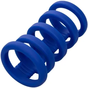 Blauer, spiralförmiger Gummigegenstand mit mehreren Ringen, die miteinander verbunden sind.