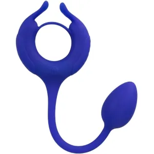 Blue, silicone-coated vibrator with ring and oval end, suitable for intimate use.