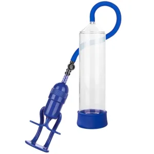 Vakuumpumpe mit blauem Griff und transparentem Zylinder, verbunden durch einen flexiblen blauen Schlauch.