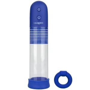 Blaues, zylinderförmiges Gerät mit Knöpfen und transparentem Mittelteil, daneben ein blauer Ring.
