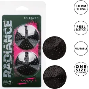 Packaging of black, round pasties with bumps, reusable, self-adhesive, one size fits most.
