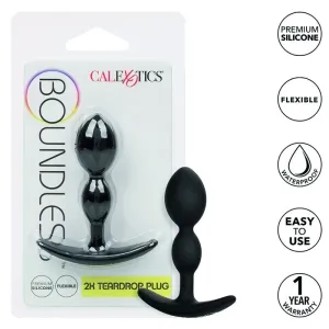 Packaging of CalExotics Boundless 2X Teardrop Plug made of silicone, flexible, waterproof, easy to use, 1 year warranty.