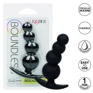 Black silicone anal toy with beads, packaged. Features: flexible, waterproof, easy to use, 1-year warranty.