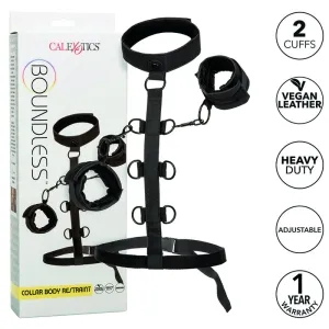 Schwarzes Halsband mit Manschetten, veganem Leder, verstellbar, auf Verpackung mit Text: 