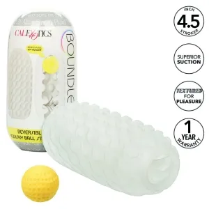 Transparenter, texturierter Masturbator mit gelber Kugel, Verpackung zeigt Produktdetails und Garantie.