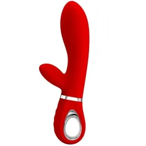Red vibrator with ergonomic design and handle opening, two stimulation arms.