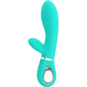 Turquoise vibrator with ergonomic design and handle opening, side stimulation arm.