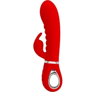 Red vibrator with ergonomic design and handle opening, side clitoral stimulator.