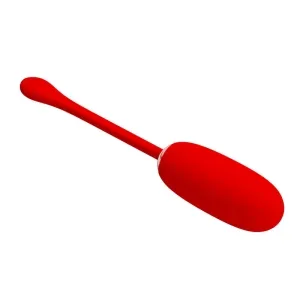 Rotes, längliches Objekt mit einem schmalen Griff und einem ovalen Ende, vor weißem Hintergrund.