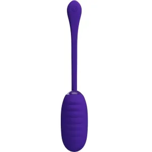Lila, länglicher Vibrator mit gerippter Oberfläche und langem Griff, Ansicht von vorne.