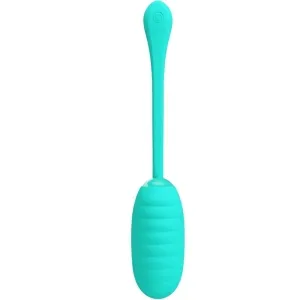 Türkisfarbener, länglicher Vibrator mit gerippter Oberfläche und langem Griff, oben mit Ein-/Ausschaltknopf.