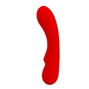 Roter, gebogener Silikon-Vibrator mit glatter Oberfläche, seitlich abgebildet auf weißem Hintergrund.