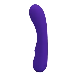 Lila, gebogener Vibrator auf weißem Hintergrund.