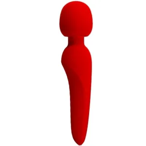 Roter Massagegerät mit abgerundetem Kopf und strukturiertem Griff, freigestellt auf weißem Hintergrund.