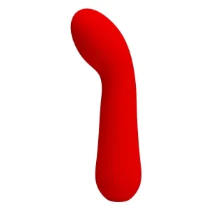 Red, curved silicone vibrator with a smooth surface, isolated on a white background.