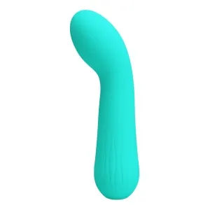 Turquoise, curved silicone vibrator with a smooth surface, shown from the side.